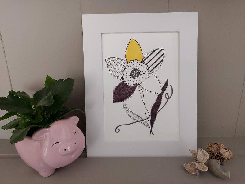 Framed mixed media floral illustration with patterned petals