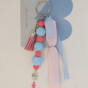 Handmade Pink & Blue Beaded Keychain with Tassel, Ribbons, and Tree of Life Charm