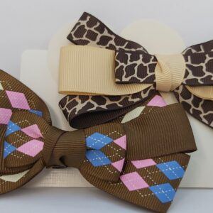 Argyle & Giraffe Print Grosgrain Ribbon Hair Bow Clips – 2 Pack