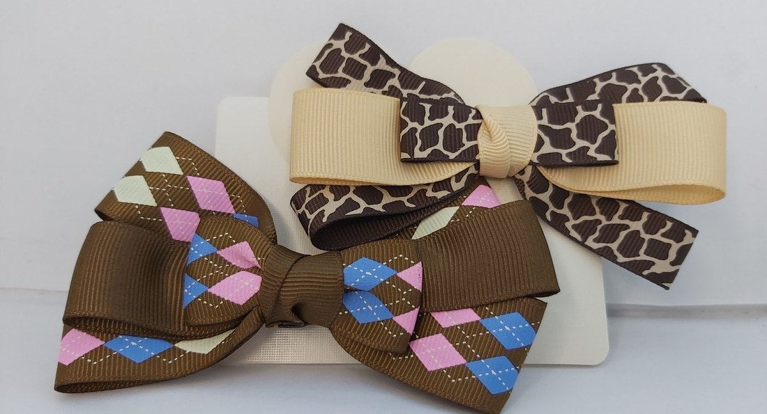 Argyle & Giraffe Print Grosgrain Ribbon Hair Bow Clips – 2 Pack