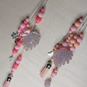 Pink and Peach Monstera Leaf Hanging Charm with Tassel & Butterfly