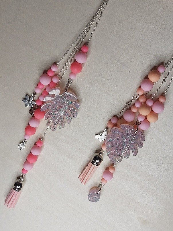 Pink and Peach Monstera Leaf Hanging Charm with Tassel & Butterfly - Image 2