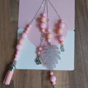 Pink and Peach Monstera Leaf Hanging Charm with Tassel & Butterfly