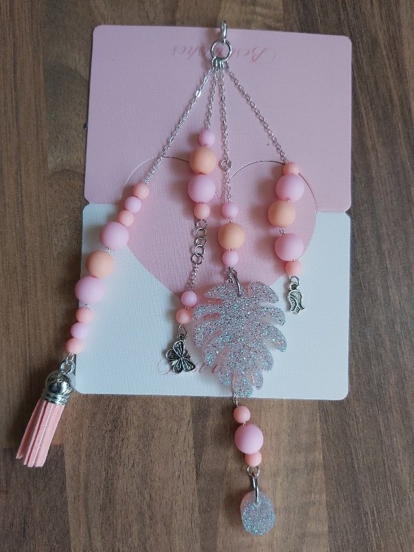 Pink and Peach Monstera Leaf Hanging Charm with Tassel & Butterfly