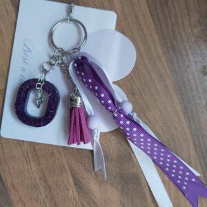 Handmade Purple Glitter Resin Oval Keychain with Tassel and Ribbon Charms
