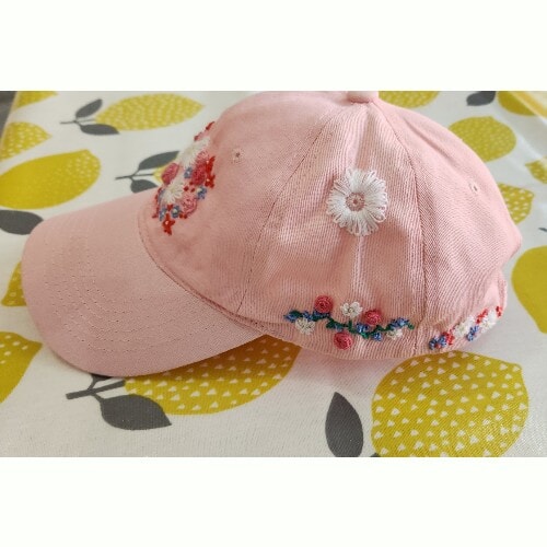 Ladies Pastel Pink Baseball Cap, with hand embroidered roses and daisies - Image 4