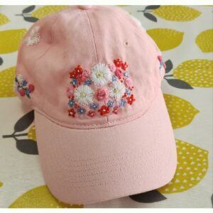 Ladies Pastel Pink Baseball Cap, with hand embroidered roses and daisies