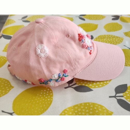 Ladies Pastel Pink Baseball Cap, with hand embroidered roses and daisies - Image 3