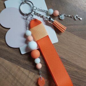 Handmade Orange Ribbon Wristlet Keychain with Beads and Charms
