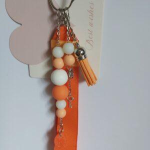 Handmade Orange Ribbon Wristlet Keychain with Beads and Charms