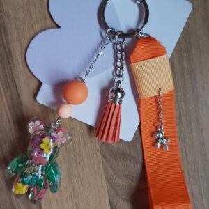 Handmade Floral Resin Bear Keychain with Orange Tassel and Grosgrain Wristlet