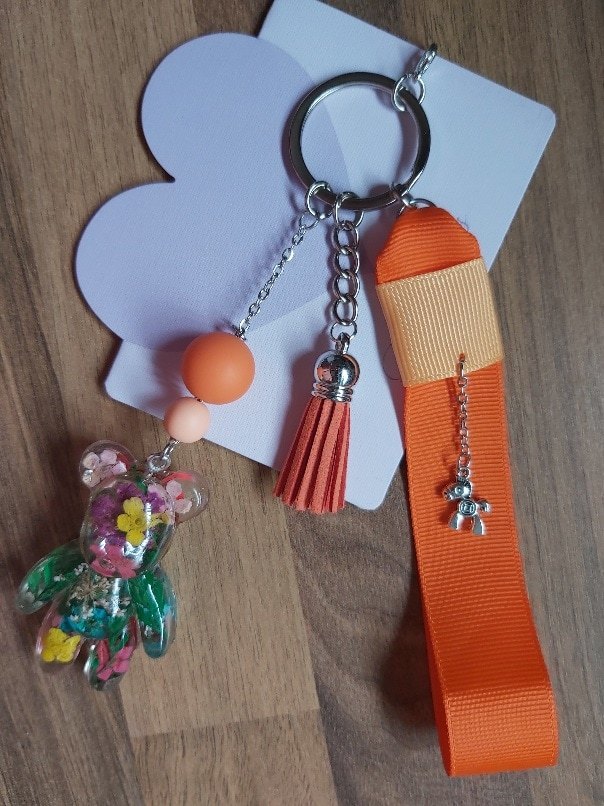 Handmade Floral Resin Bear Keychain with Orange Tassel and Grosgrain Wristlet