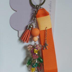 Handmade Floral Resin Bear Keychain with Orange Tassel and Grosgrain Wristlet