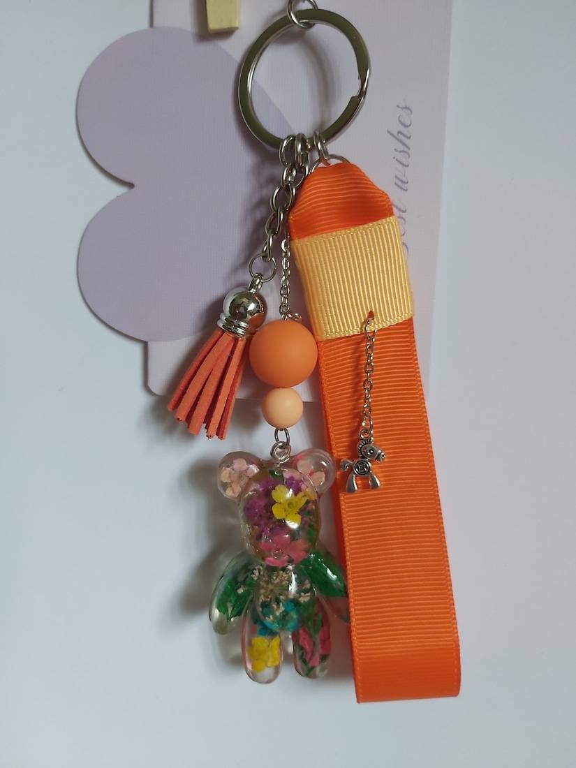Handmade Floral Resin Bear Keychain with Orange Tassel and Grosgrain Wristlet - Image 2