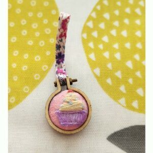 Mini Cupcake Hoop Embroidery Pendant on Liberty spaghetti ribbon, only 1 available