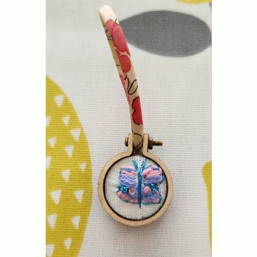 Perfectly imperfect, Mini Butterfly Hoop Embroidery Pendant on Liberty spaghetti ribbon, only 1 available