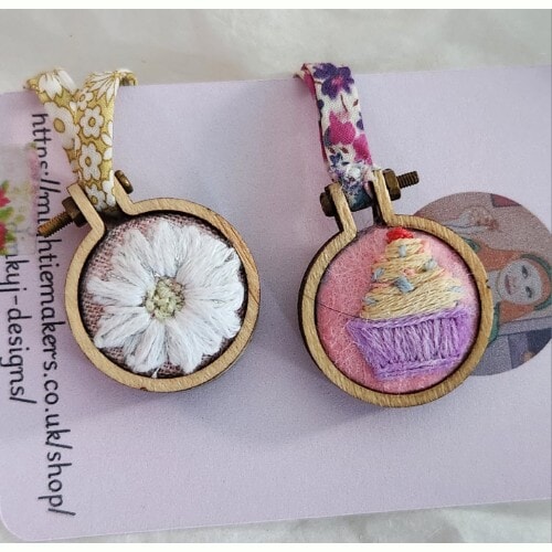 RESERVED FOR RACHAEL Mini Cupcake and Daisy Hoop Embroidery Pendants, on Liberty spaghetti ribbon,