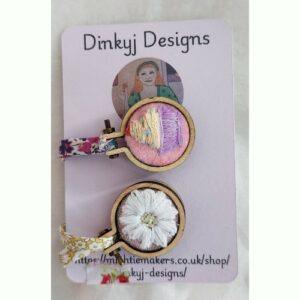 RESERVED FOR RACHAEL Mini Cupcake and Daisy Hoop Embroidery Pendants, on Liberty spaghetti ribbon,