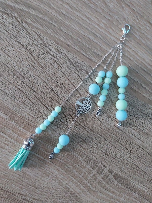 Boho Pastel Mint & Blue Tree of Life Tassel Bag Charm chain
