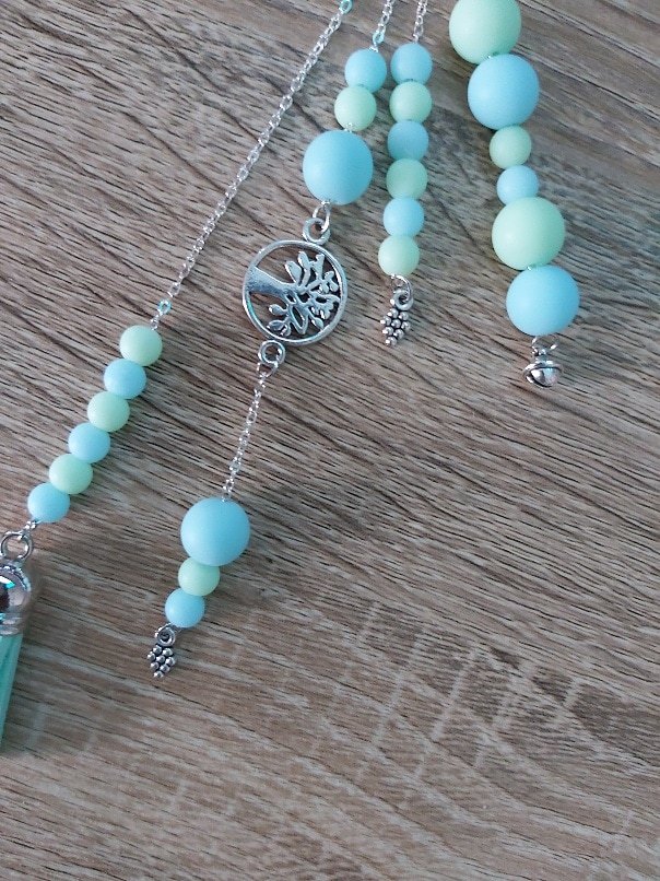 Boho Pastel Mint & Blue Tree of Life Tassel Bag Charm chain - Image 3