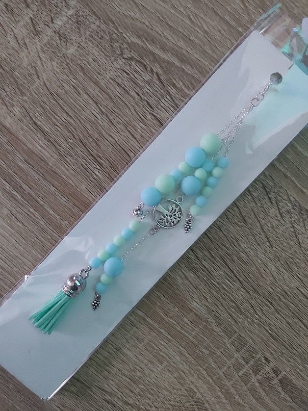 Boho Pastel Mint & Blue Tree of Life Tassel Bag Charm chain - Image 2