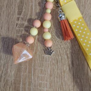 Pastel Peach & Yellow Beaded Wristlet Keychain with Crown & Tassel Charms