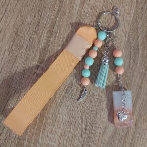 Pastel Peach and Mint Beaded Ribbon Keychain with Resin Charm