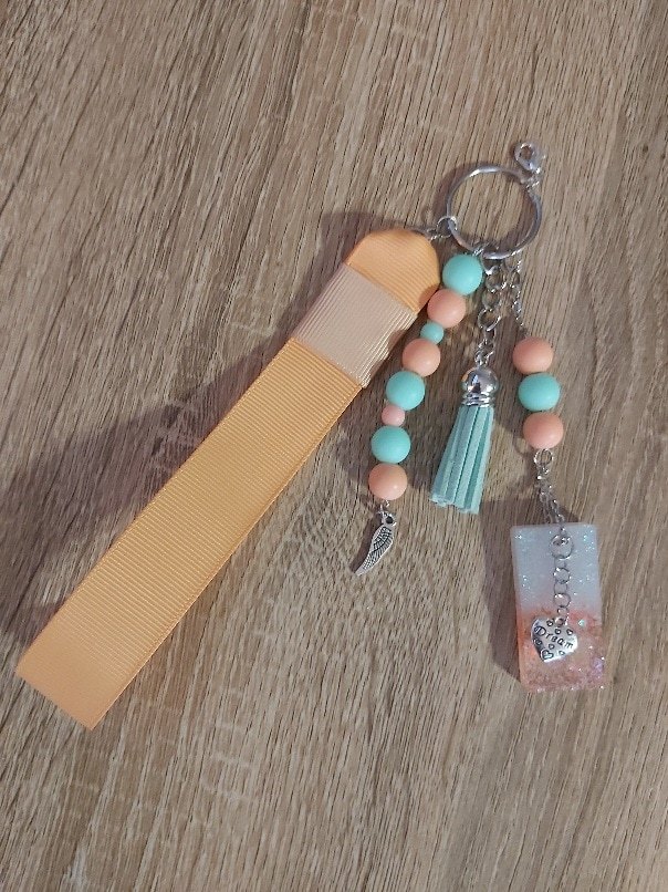 Pastel Peach and Mint Beaded Ribbon Keychain with Resin Charm