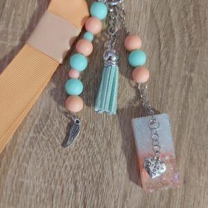 Pastel Peach and Mint Beaded Ribbon Keychain with Resin Charm