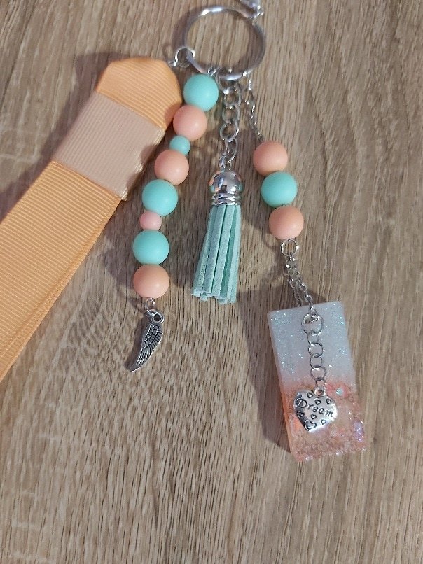 Pastel Peach and Mint Beaded Ribbon Keychain with Resin Charm - Image 2