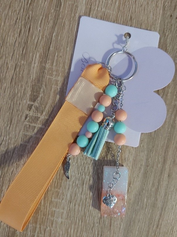 Pastel Peach and Mint Beaded Ribbon Keychain with Resin Charm - Image 3