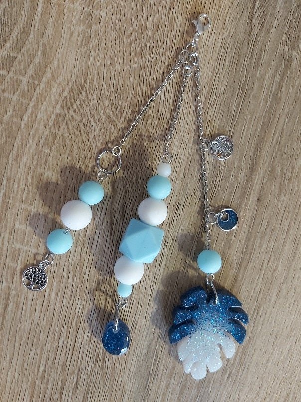 Blue Monstera & Tree of Life Beaded Bag Charm / Keyring