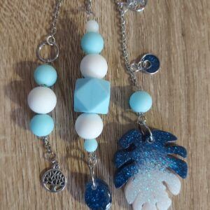 Blue Monstera & Tree of Life Beaded Bag Charm / Keyring