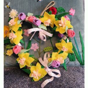 Hanging Wicker Heart Wreath with handmade felt daffodils and tulips 28 cm