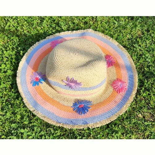 Hand embroidered Striped Straw Hat with flowers, for a smaller size head - Image 5