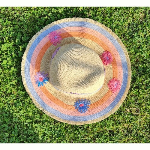 Hand embroidered Striped Straw Hat with flowers, for a smaller size head - Image 4