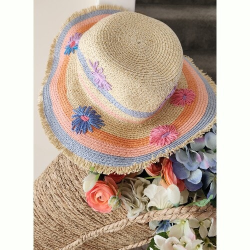 Hand embroidered Striped Straw Hat with flowers, for a smaller size head - Image 2