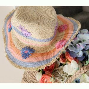 Hand embroidered Striped Straw Hat with flowers, for a smaller size head