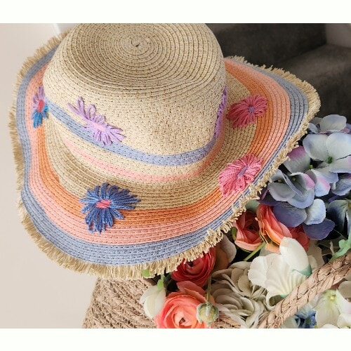 Hand embroidered Striped Straw Hat with flowers, for a smaller size head - Image 3