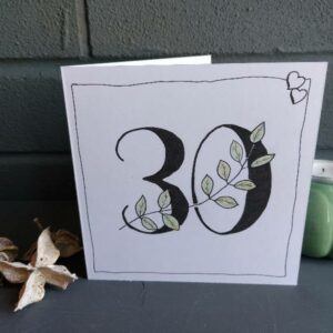 30th wedding anniversary card. Bold 30 with leaf stem wrapped around