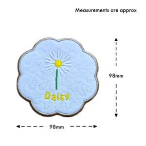April birth flower candle coaster size guide showing the embroidered daisy design with stitched background detail, measuring approximately 98mm x 98mm.