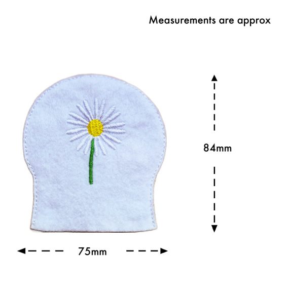 April birth flower tealight cover size guide showing the embroidered white felt cover with daisy design, measuring approximately 75mm x 84mm.