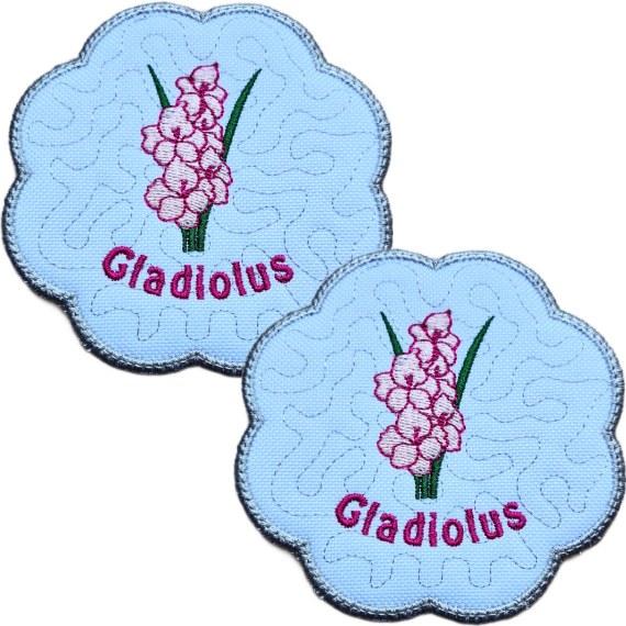 Set of two embroidered August birth flower candle coasters, each with pink gladiolus blooms, stitched gladiolus text, background detail and a scalloped silver border.