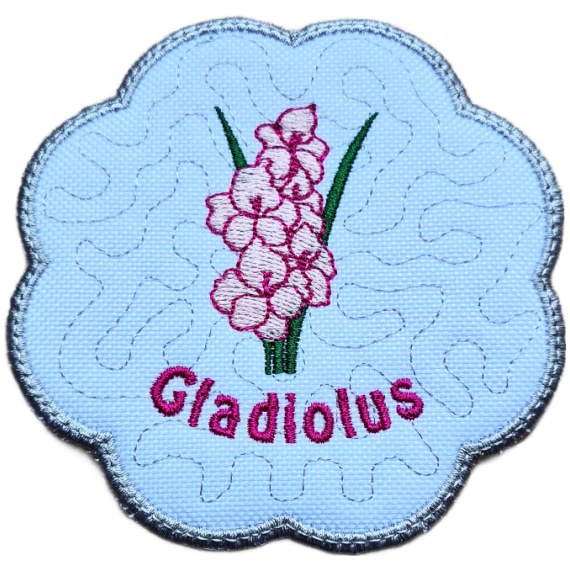 Close up of an embroidered August birth flower candle coaster with pink gladiolus blooms, stitched gladiolus text, background detail and a scalloped silver border.