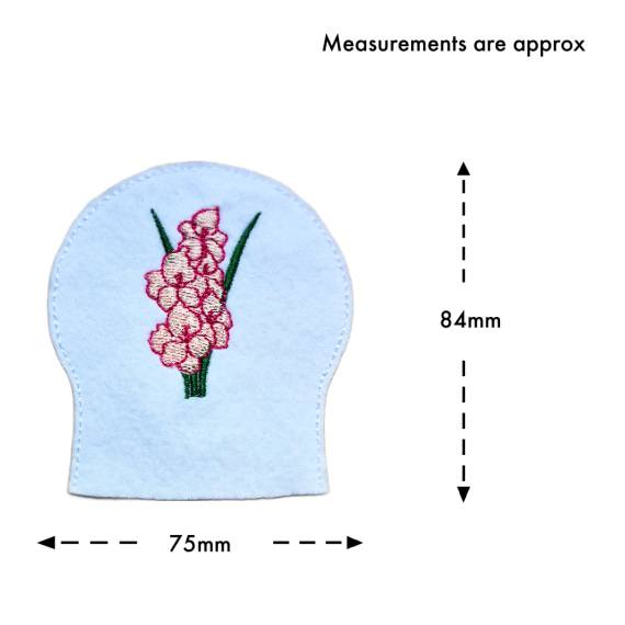 August birth flower tealight cover size guide showing the embroidered white felt cover with pink gladiolus design, measuring approximately 75mm x 84mm.