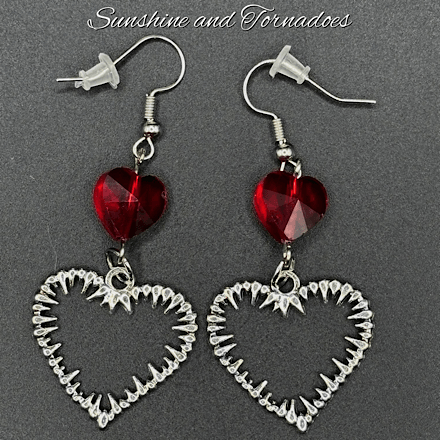 Gothic Barbed Wire Heart Earrings | Red Crystal Heart Earrings | Handmade Alternative Jewellery | Stainless Steel Ear Wires | Dark Romantic Gothic Earrings - Image 7