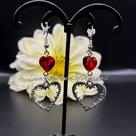 Gothic Barbed Wire Heart Earrings | Red Crystal Heart Earrings | Handmade Alternative Jewellery | Stainless Steel Ear Wires | Dark Romantic Gothic Earrings - Image 9