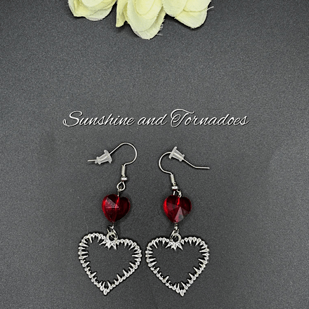 Gothic Barbed Wire Heart Earrings | Red Crystal Heart Earrings | Handmade Alternative Jewellery | Stainless Steel Ear Wires | Dark Romantic Gothic Earrings - Image 8