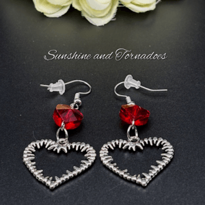Gothic Barbed Wire Heart Earrings | Red Crystal Heart Earrings | Handmade Alternative Jewellery | Stainless Steel Ear Wires | Dark Romantic Gothic Earrings
