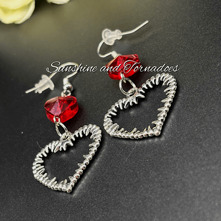 Gothic Barbed Wire Heart Earrings | Red Crystal Heart Earrings | Handmade Alternative Jewellery | Stainless Steel Ear Wires | Dark Romantic Gothic Earrings - Image 5